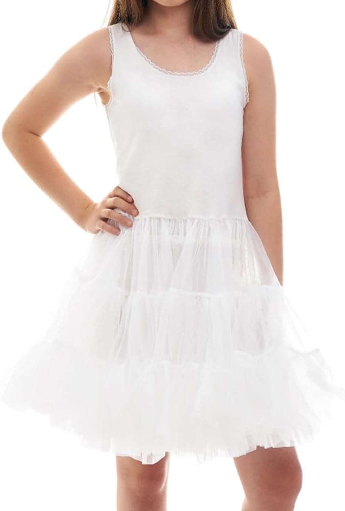 Valair Girls Hoopless Petticoat Dress Knee-Length Kids White Full Slip with Tutu Skirt, Cotton Top, and Nylon Bottom