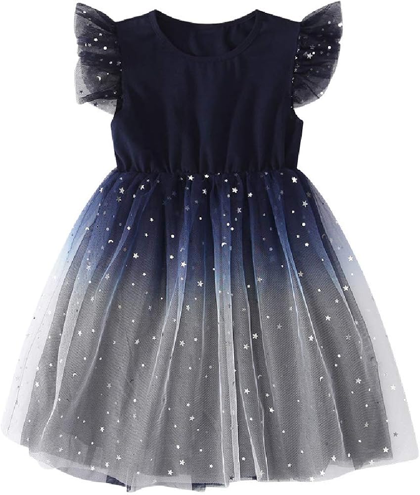 Quenny Girls' Starry Sky Gradient Short-Sleeved Dress,Children's lace Puffy mesh Princess Dress. (Navy Blue, xx_l)