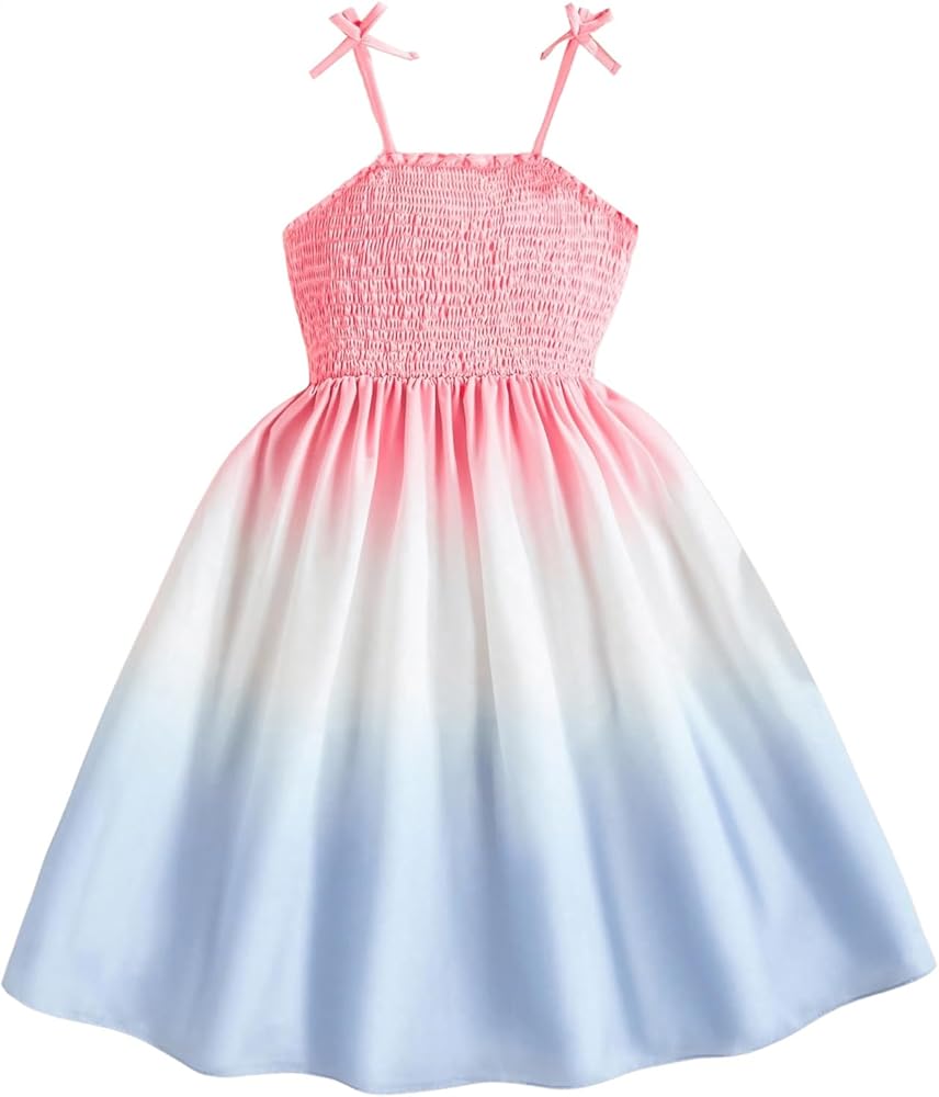 OYOANGLE Girl's Ombre Spaghetti Strap Bow Shirred High Waist Flared A Line Midi Cami Dress