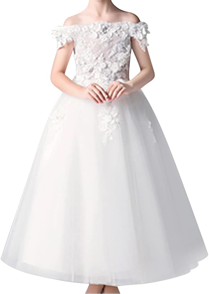 Flower Girl Dress Embroidery Lace Applique Beaded Off Shoulder Long Pageant Formal Wedding Party Dresses for Kids Baby Bridesmaid Birthday Communion Floor Length Tulle Ball Gowns White 9-10 Years