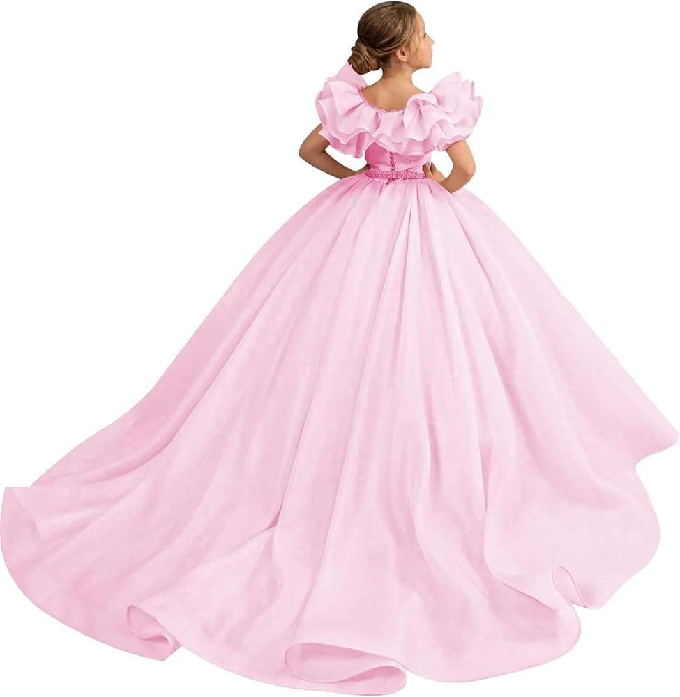 Flower Girl Dresses for Wedding Ruffles Pageant Dress Tulle Ball Gown with Beads Belt