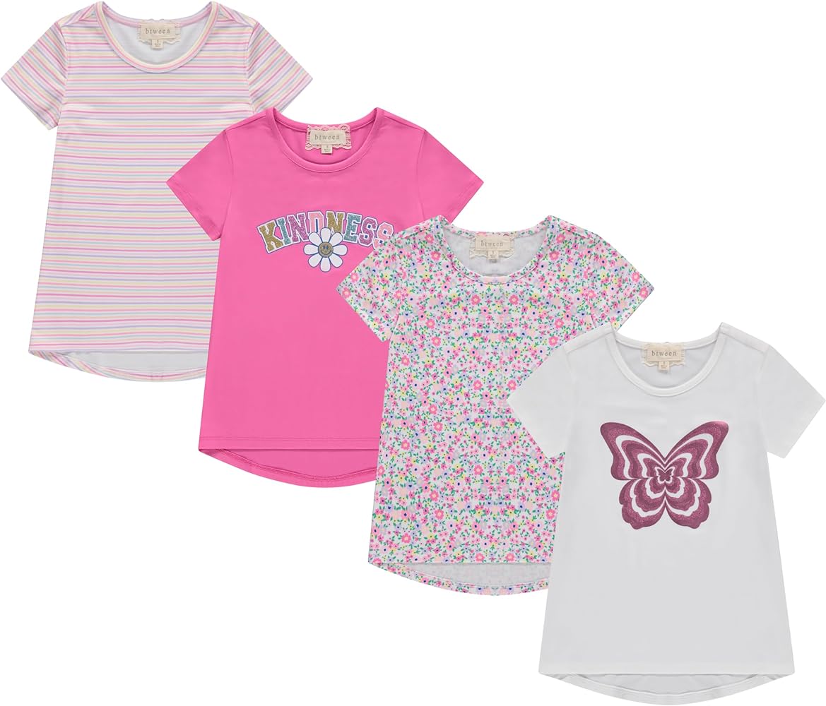 BTween Girls 4-Piece Summer Tops | Fashionable Short Sleeve T-Shirt | Casual Daily Shirt for Kids - Assorted Colors