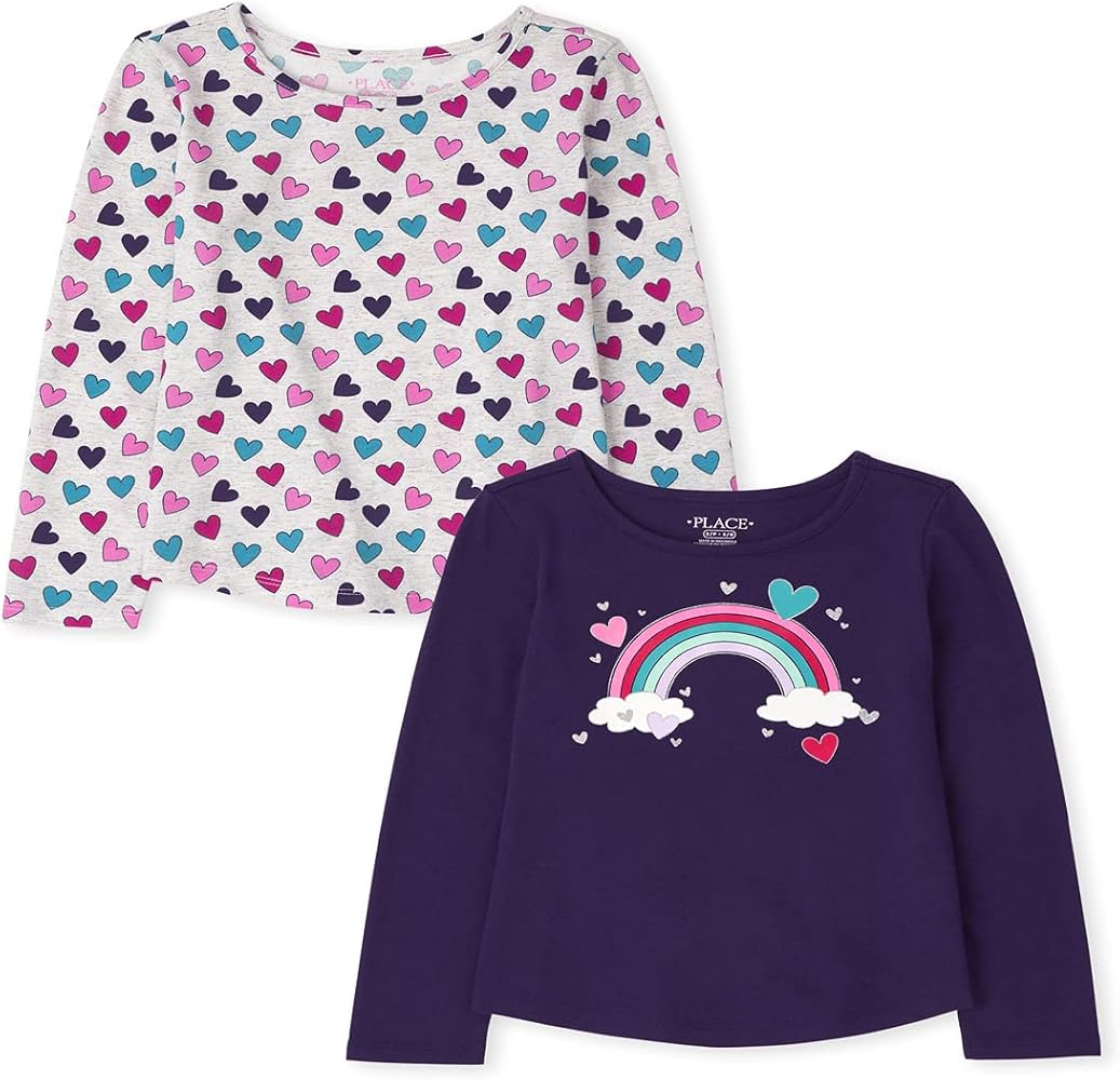 The Children's Place Girls' Long Sleeve Rainbow and Heart Print Top 2-Pack