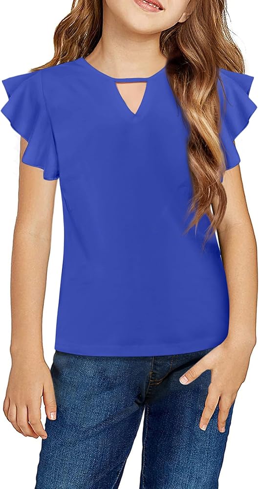 Arshiner Girls Short Sleeve Tee Ruffle Cap Sleeve Hollow Out Crewneck Blouse Shirt Top Blue