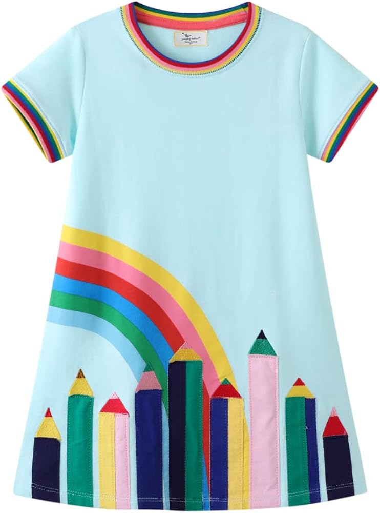 Hongshilian Little Girls Casual Cotton Dress Cartoon Print Short Sleeve Summer T-Shirt Skirt Dresses