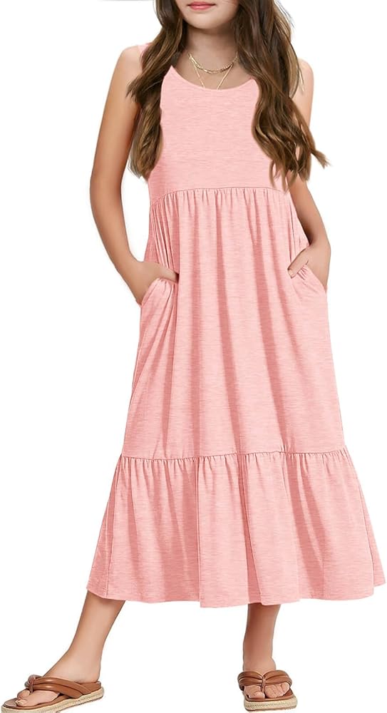 Batermoon Girls Summer Dress Sleeveless Flowy Tiered Casual Long Maxi Dress with Pockets