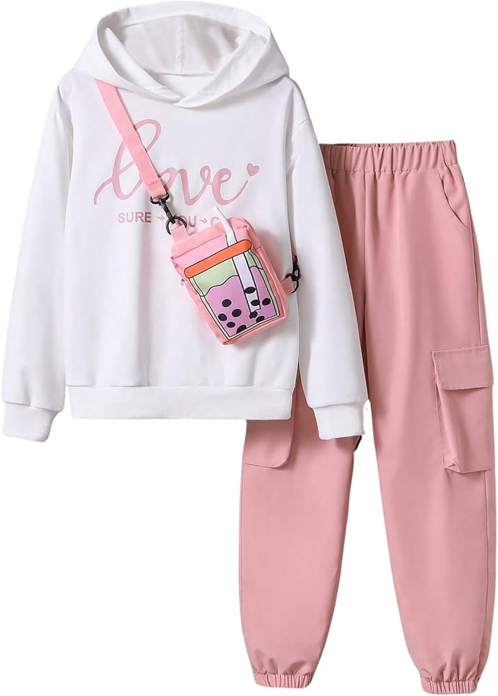 Floerns Girl's 3 Piece Outfit Letter Print Long Sleeve Sweatshirt Pants Set with Bag