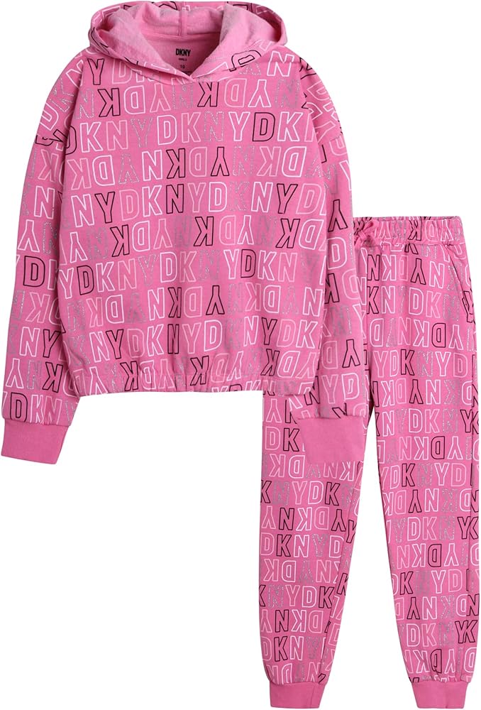 DKNY Girls' Sweatsuit Set - 2 Piece Fleece Hoodie Sweatshirt and Jogger Sweatpants (12M-16)