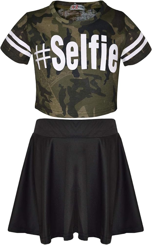 Girls Tops Kids Designer's #Selfie Camouflage Crop Top & Skater Skirt Set 5-13Yr