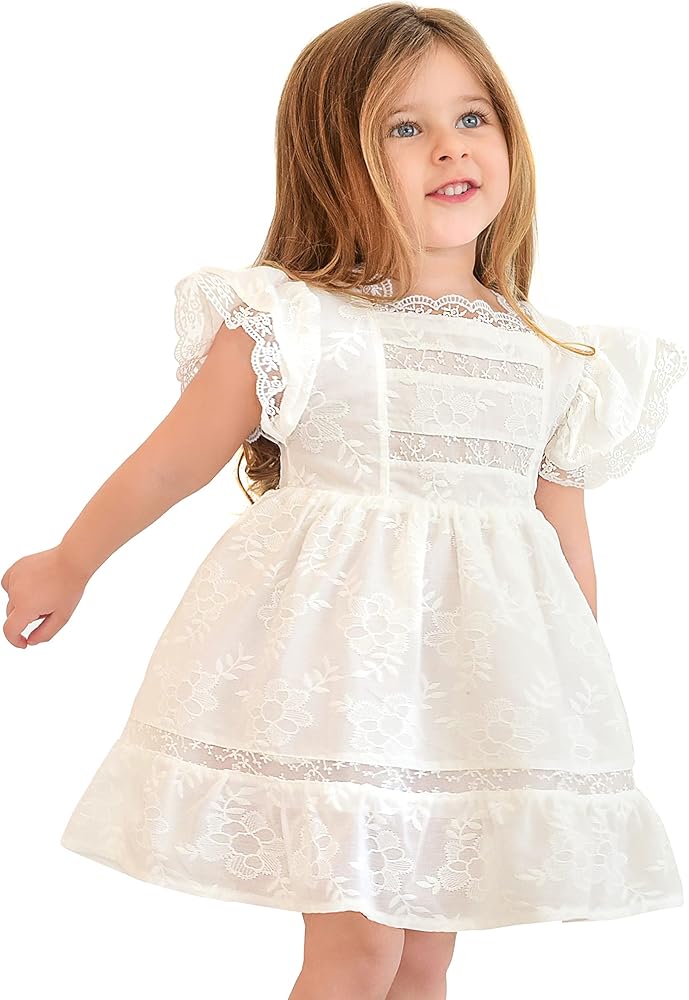 Lilax Little Girls Easter Dress, 100% Cotton Floral Lace Toddler Gown