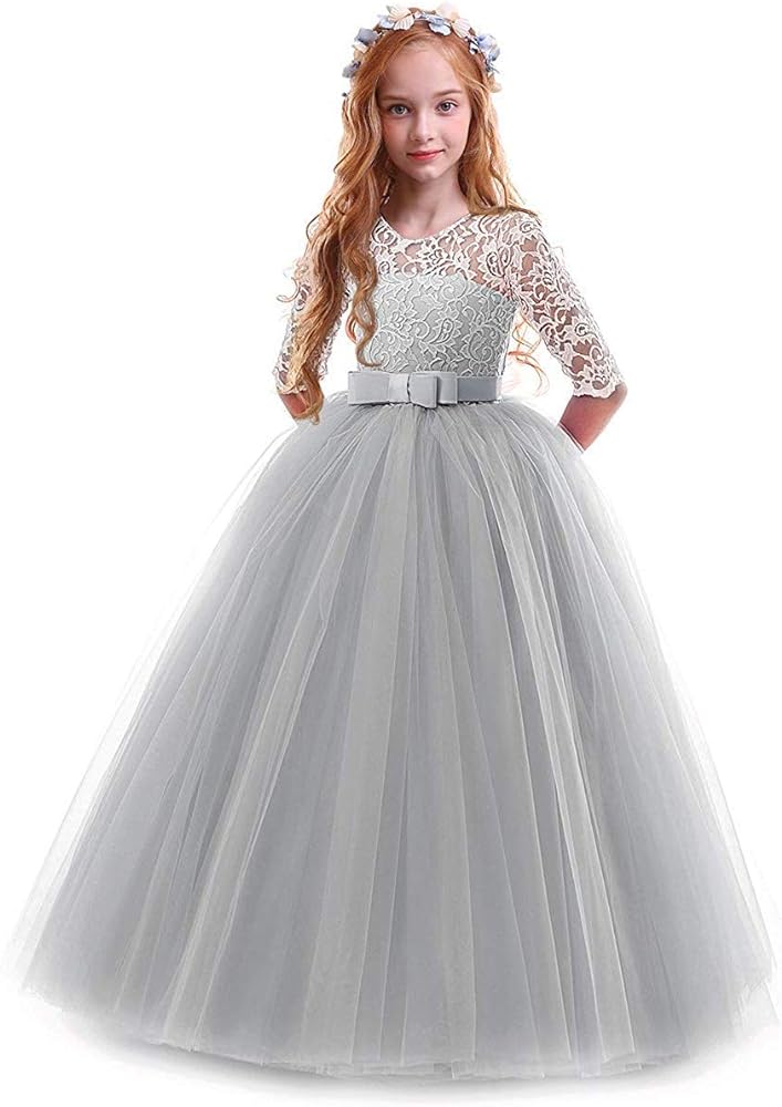 Flower Girls Vintage Lace 3/4 Sleeve Bridesmaid Velvet Dress Princess Wedding Party Pageant Evening Formal Prom Ball Gown