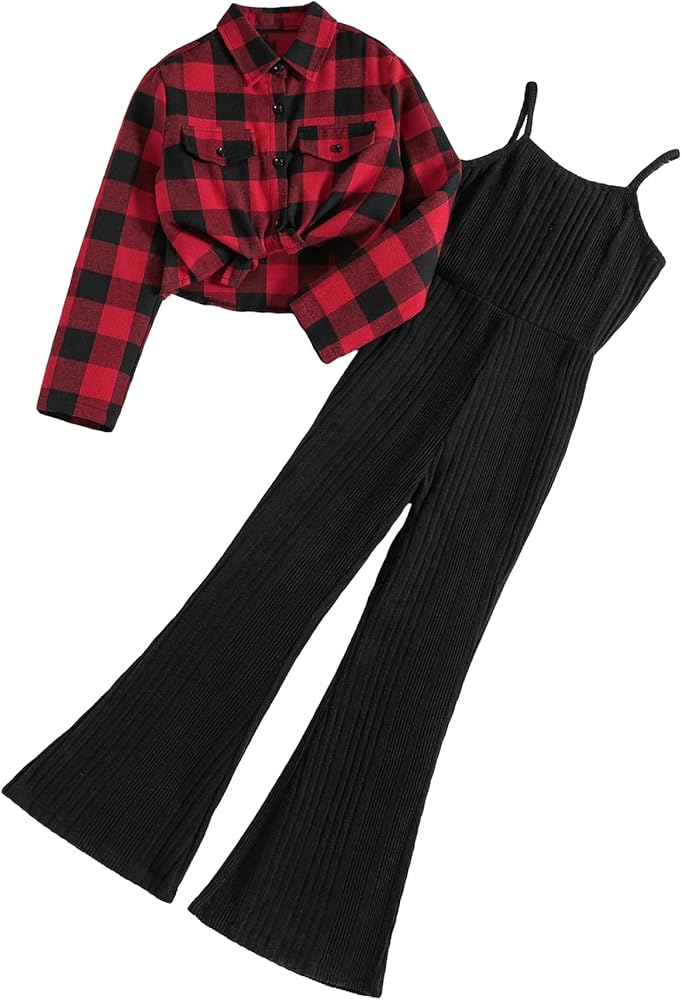 OYOANGLE Girl's 2 Piece Outfits Rib Knit Flare Leg Cami Jumpsuit and Plaid Flannel Shirts Set