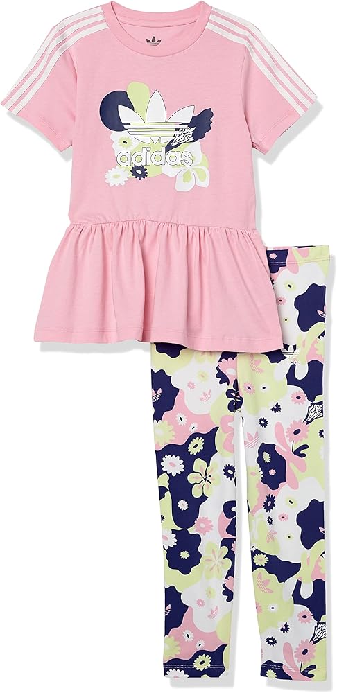 adidas Originals Girls Flower Printed Dress Leggings Set, True Pink, 2T US