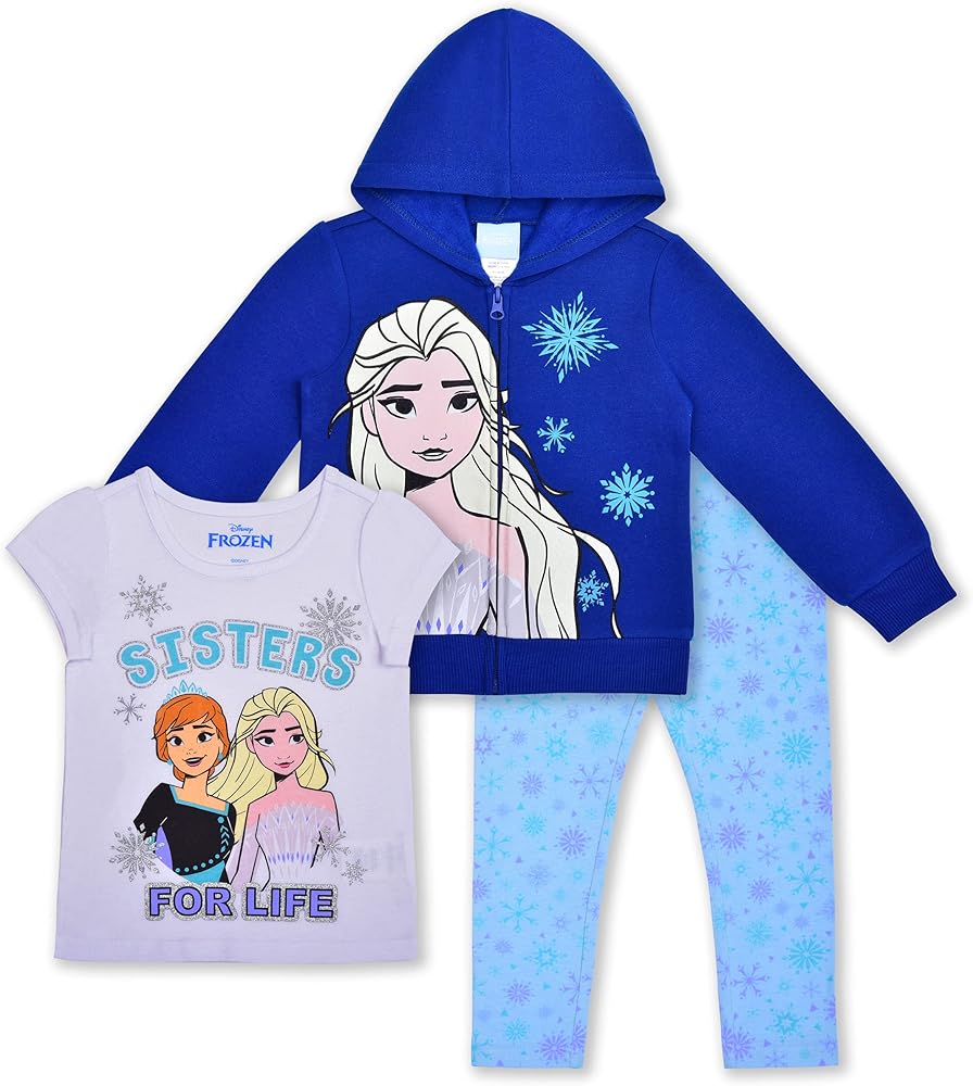 Disney Frozen Elsa and Anna Girls Zip Up Hoodie, T-Shirt and Legging Pants Set for Toddler and Little KidS