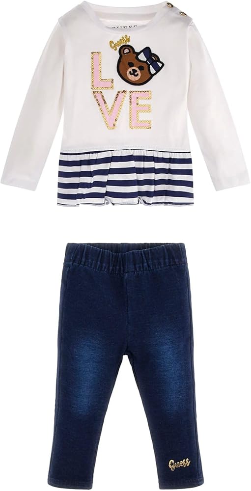 GUESS girls Long Sleeve T-shirt and Knit Denim LeggingsBaby and Toddler T-Shirt Set