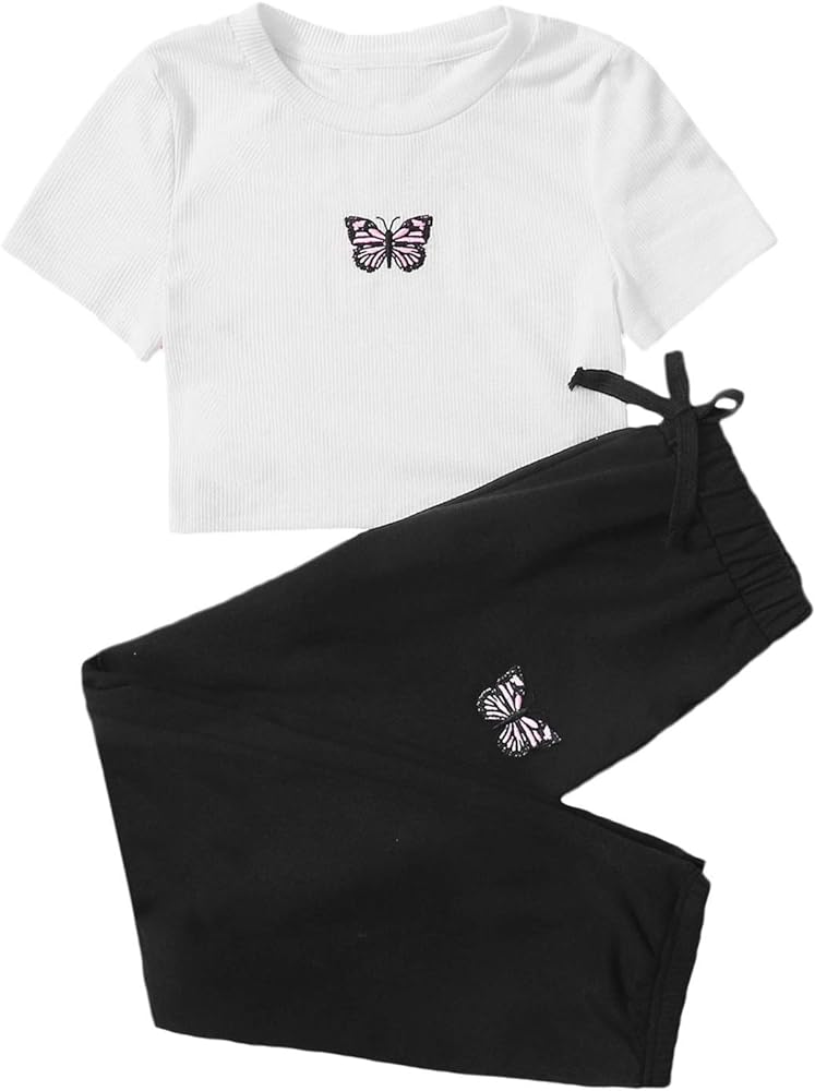 SOLY HUX Girl's 2 Piece Outfits Cute Crop Tops and Pants Set Butterfly Summer Preppy Summer Clothes Black White 8Y