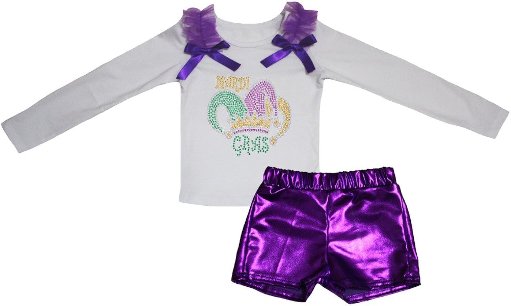 Petitebella Mardi Gras Hat White L/s Shirt Purple Bling Short Set 1-8y