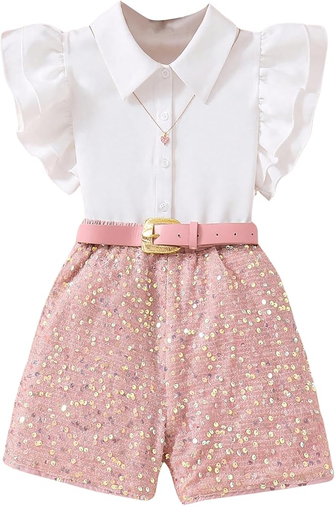 Floerns Girl's 2 Piece Set Button Down Ruffle Sleeveless Shirts Sequin Shorts Set with Belt