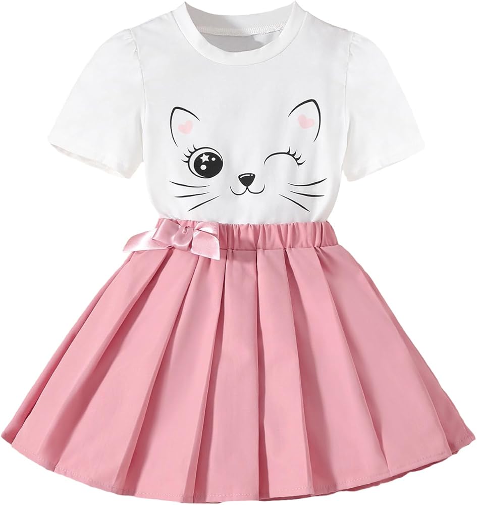 Girl's 2 Piece Cartoon Graphic Short Sleeve Round Neck Tee Top and Bow Front Pleated Skirt Sets Multicolor 6Y