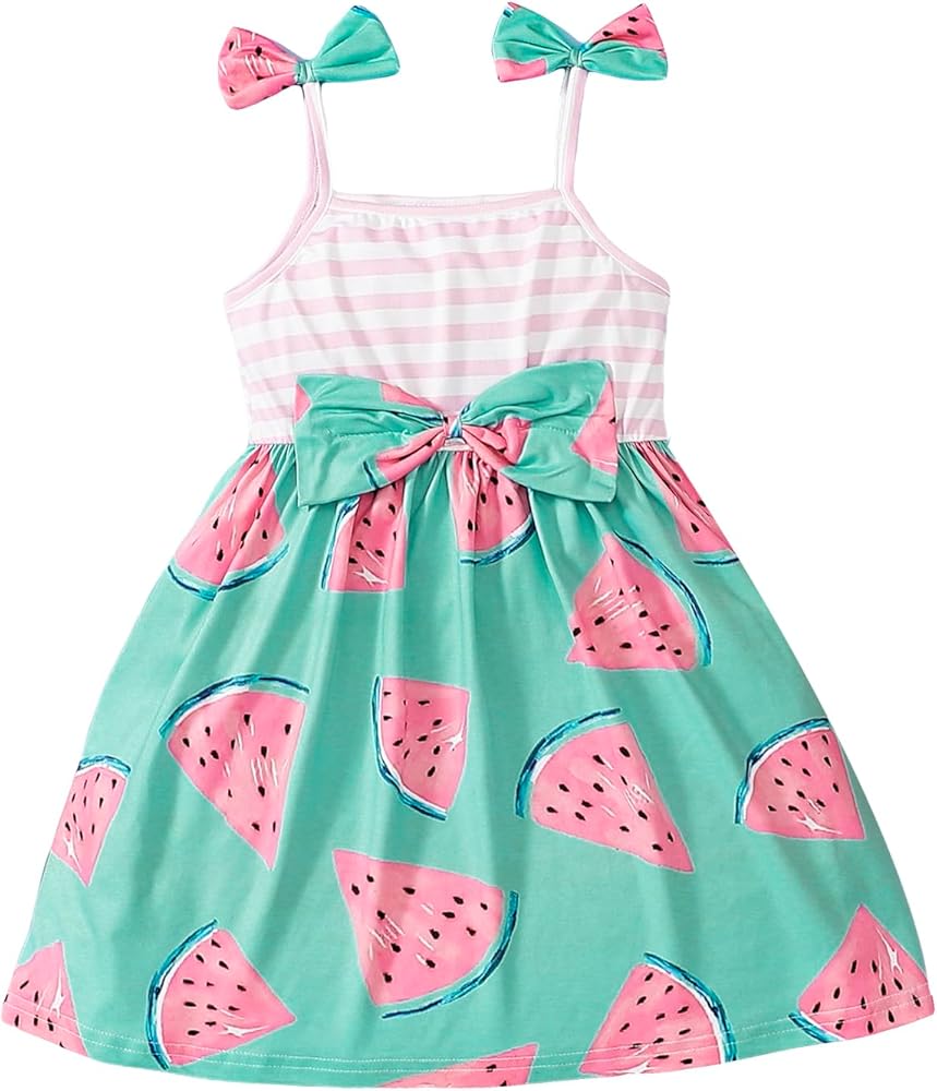 Girl's Sleeveless Stripped Short Dress Watermelon Print Bows Front Cami Dresses