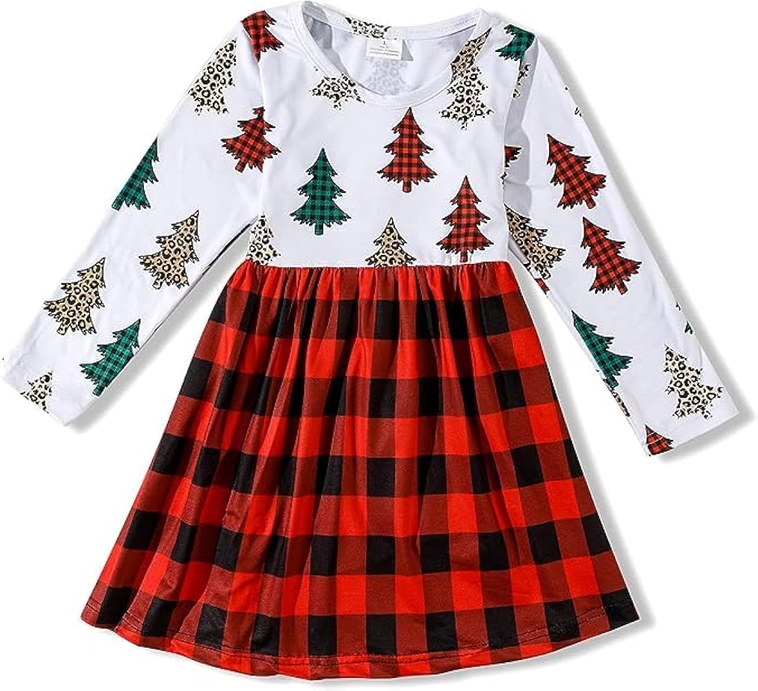 Christmas Toddler Girls Dress Christmas Tree Black & Red Plaid Print Long Sleeve Dress 6-7Y