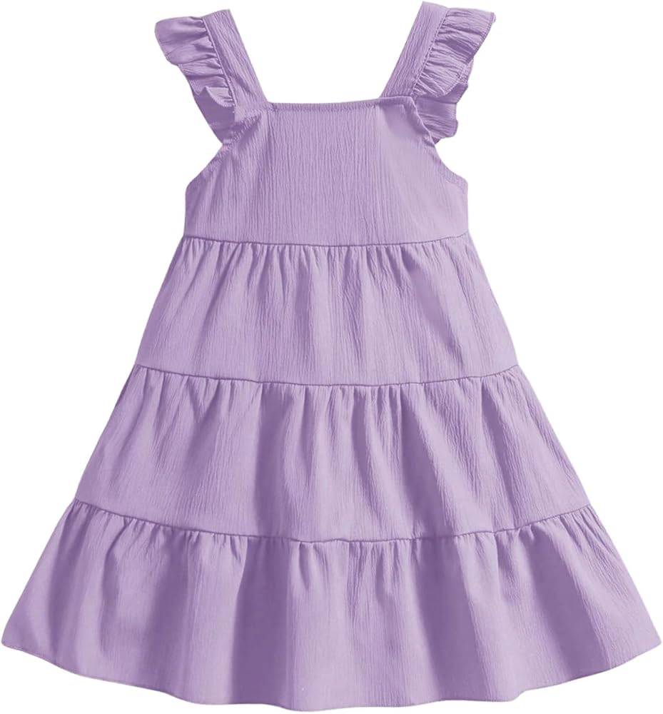 Girl's High Waisted Tiered Layer Ruffle Hem Dress Sleeveless Square Neck Pinafore A Line Dresses