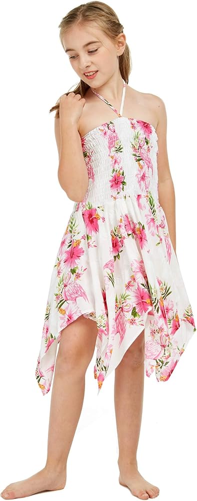 Girl Gypsy Uneven Bottom Hawaiian Luau Dress in Hibiscus Vine