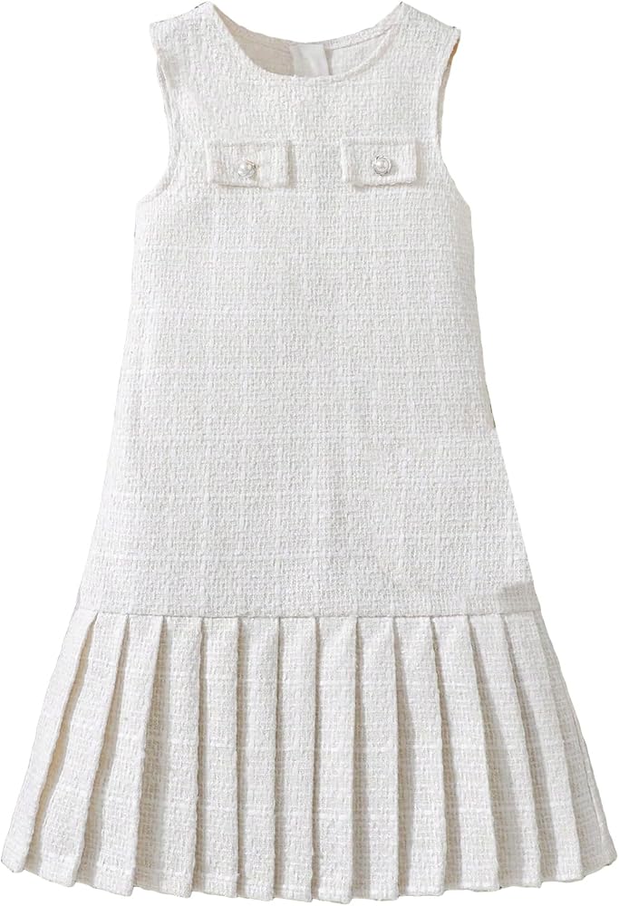 SHENHE Girl's Pleated Button Front Zipper Round Neck Drop Waist Sleeveless A Line Smocked Dress