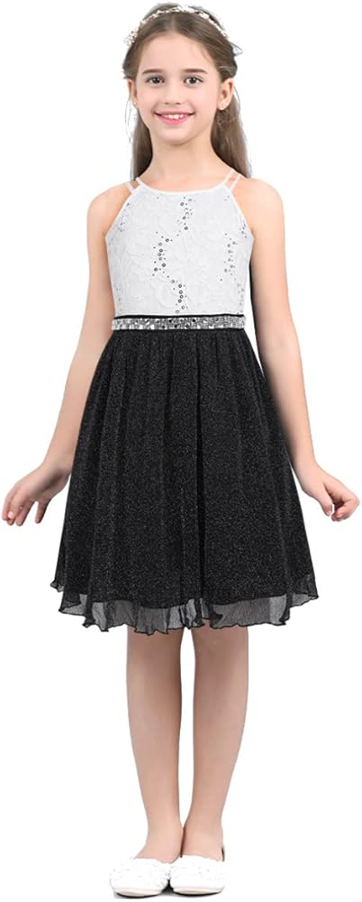 YiZYiF Big Girls' Halter Sequins Lace Chiffon Flower Dress Junior Wedding Bridesmaid Prom Party Gowns