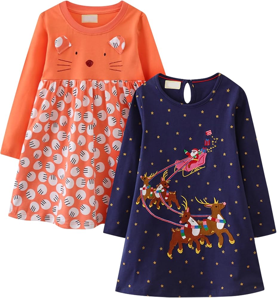 Toddler Little Girls Casual Dresses 2-Pack Cotton Long Sleeve Crew Neck Graphic Cartoon Dress for 3-7 Years