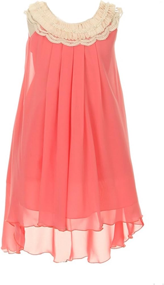 Chiffon Clooney Lace Hi-Low Wedding Flower Girl Dress, Made in USA (10, Coral)