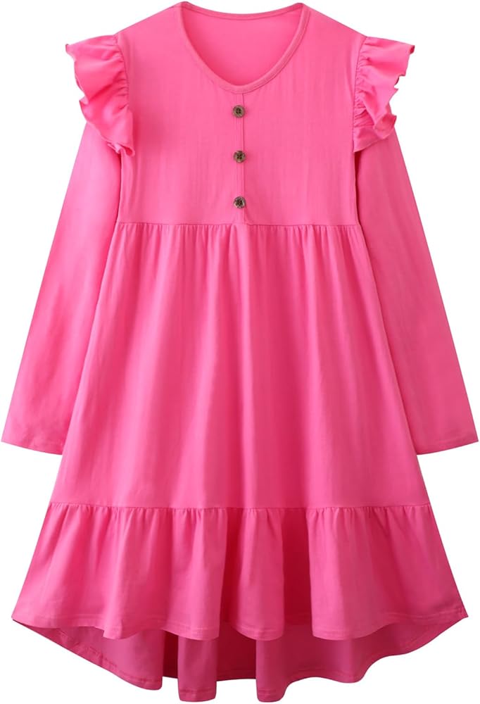 HILEELANG Girl Long Sleeve Dress Ruffle Solid Color Cotton Casual Tiered Pleated Twirly Dress