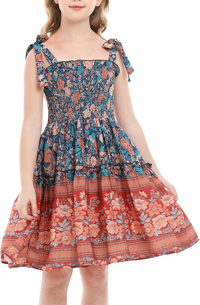 HopeKitt Girl Boho Summer Floral Print Tie Straps Sleeveless Square Neck Smocked Flowy Ruffle A Line Midi Dress