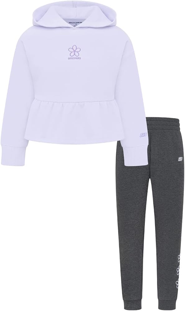 Skechers Girls Pant Set - Ruffled Crew Neck Top and Jogger Bottoms Girls Clothing Set, Available in Toddler & 4-6X Sizes