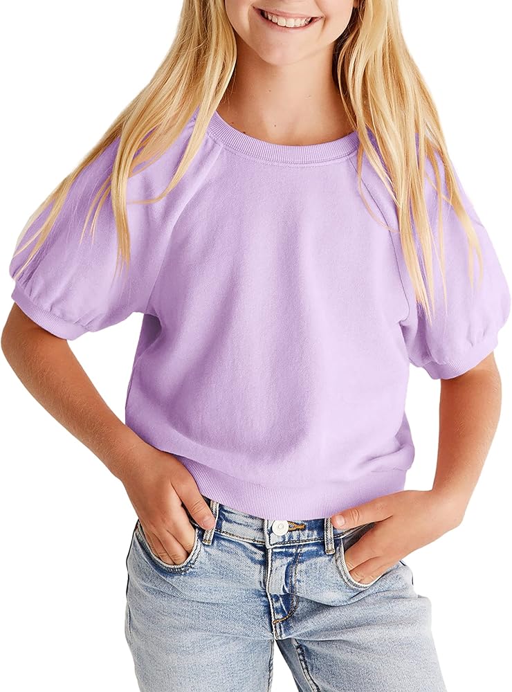 simtuor Kids Girls Cute T-Shirt Short Puff Sleeve Basic Solid Casual Loose Pullover Ribbed Cuffs Hem Tees