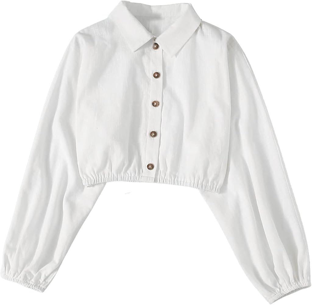 SOLY HUX Girl's Casual Button Down Shirt Long Sleeve Crop Top Blouse White 10Y