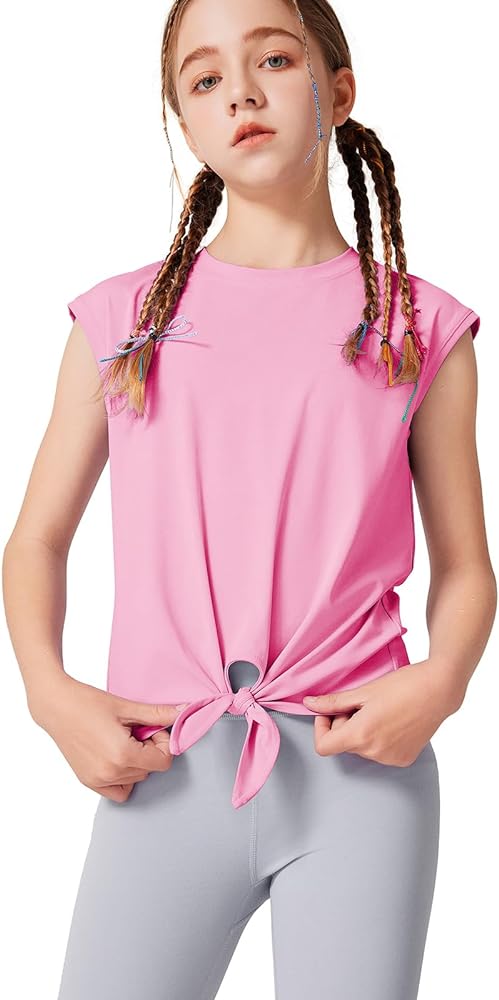 LaBeca Girls T-Shirt Tie Knot Front Tops Summer Shirt Crewneck Cap Sleeve Tee for 4-14 Years