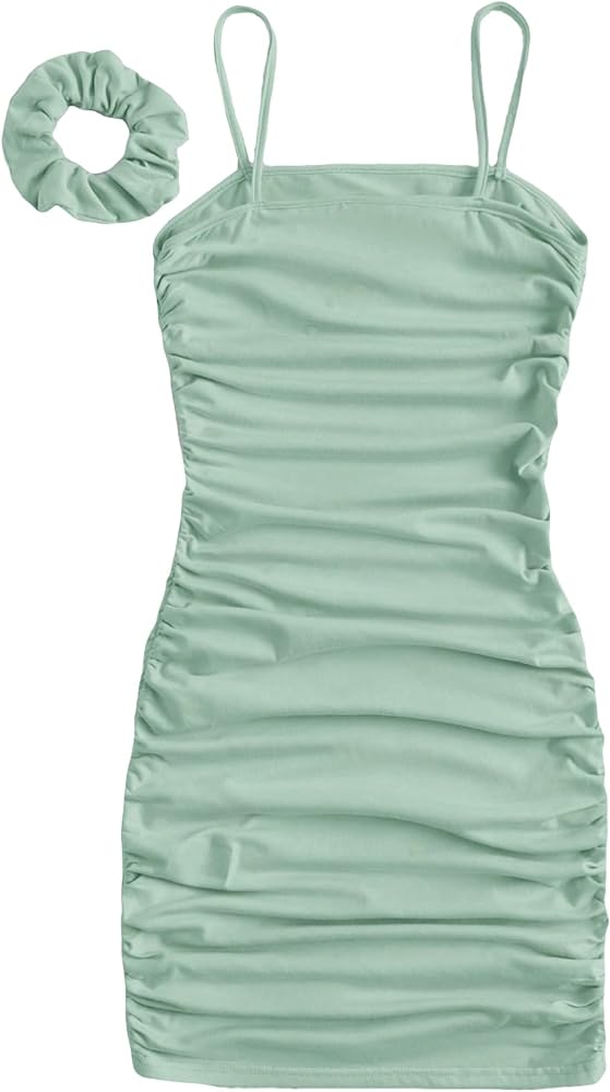 SOLY HUX Girl's Ruched Sleeveless Bodycon Pencil Cami Midi Dress with Hair Scrunchies