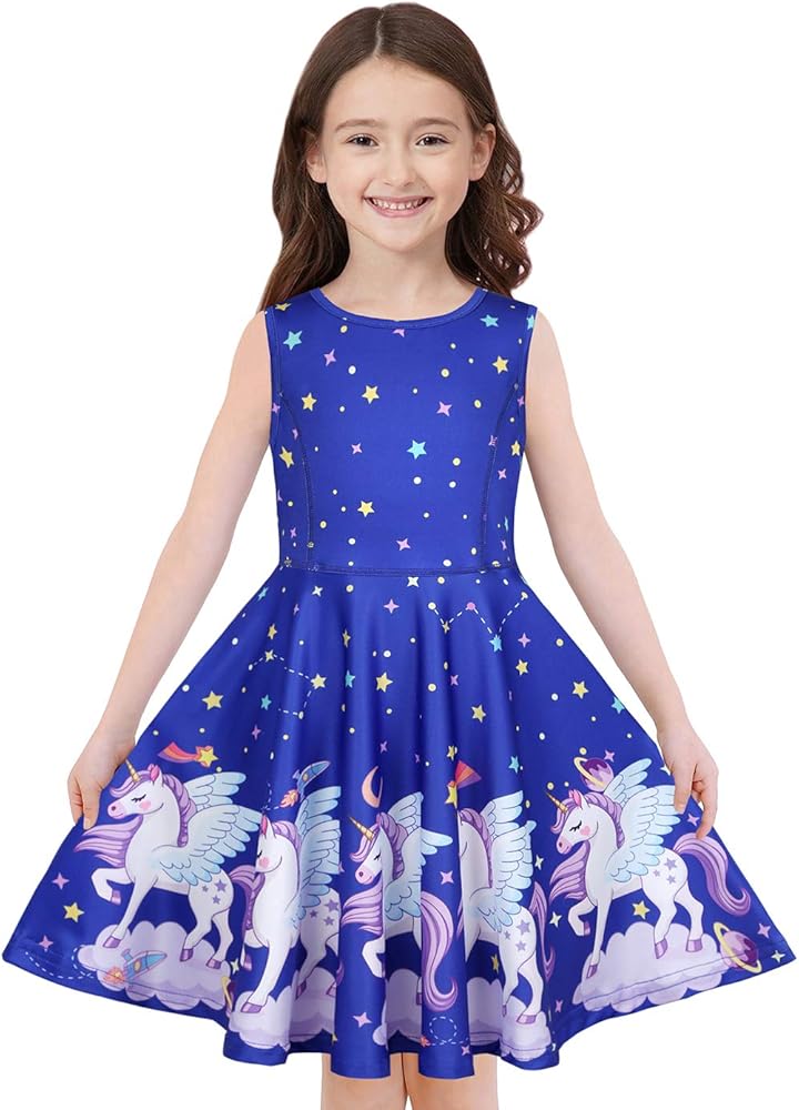 Quedoris Girls Dress Unicorn Printed Casual Party Twirly Dress for Kids in 2t to 10 Years