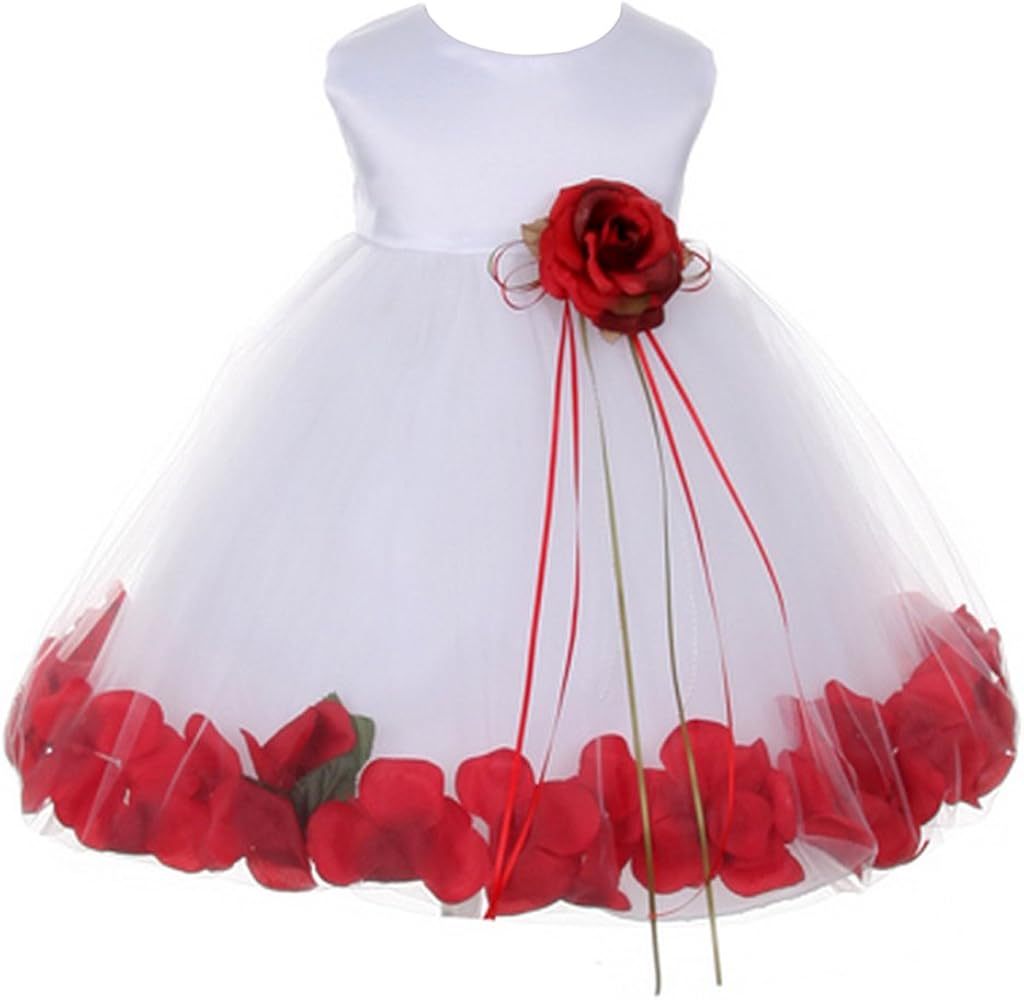 Petals White Satin Satin Tulle Wedding Flower Girl Dress, Made in USA (L/12-18 months, Red)