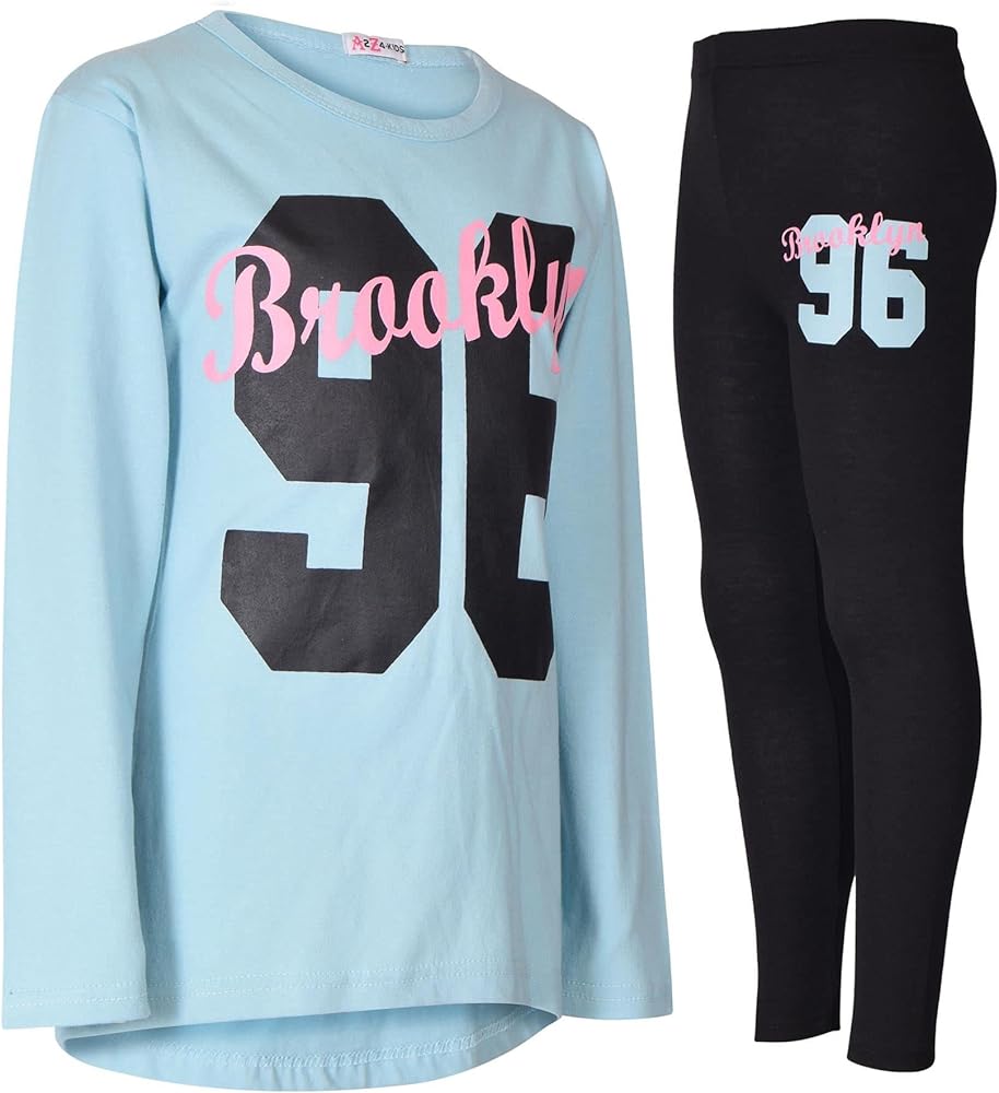 Girls Top Kids Brooklyn Print Trendy Aqua Long Sleeves Contrast T Shirt Tops & Fashion Legging Set