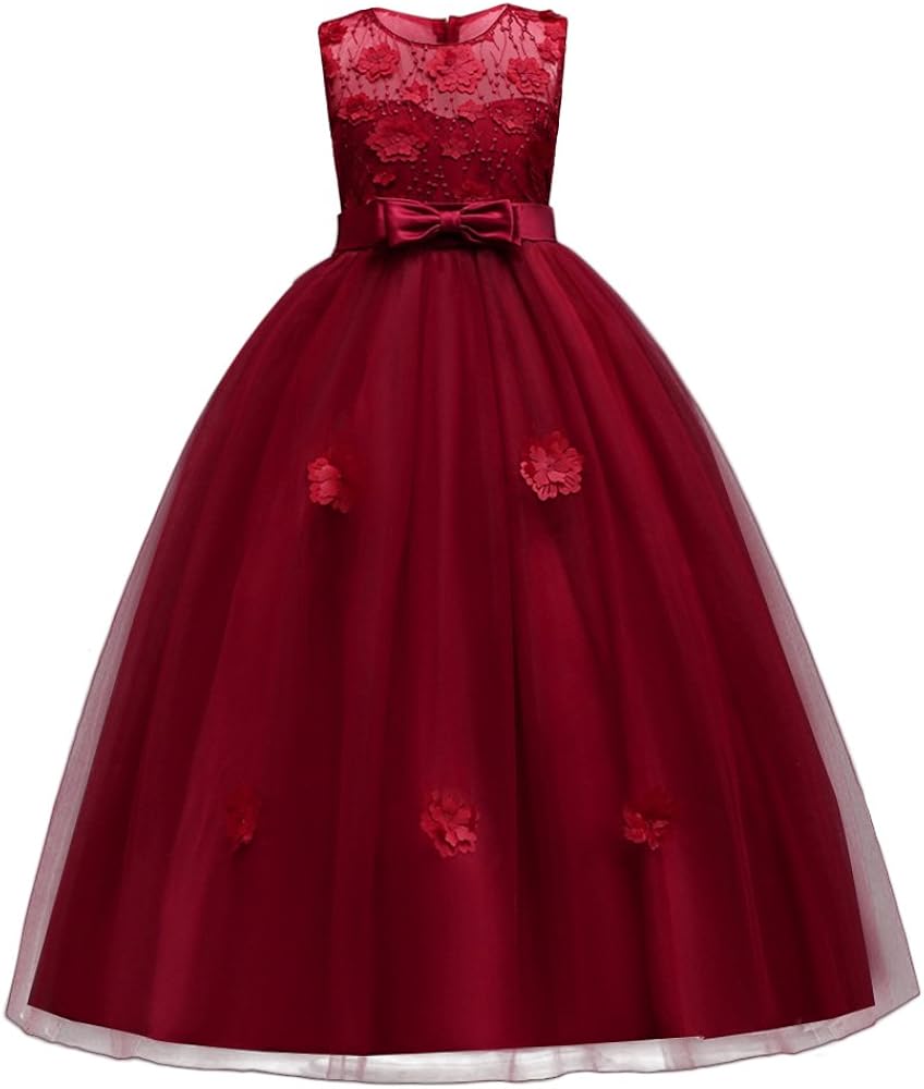 Little Big Girls’Tulle Retro Vintage Dresses Flower Lace Pageant Party Wedding Floor Length Dance Evening Gown