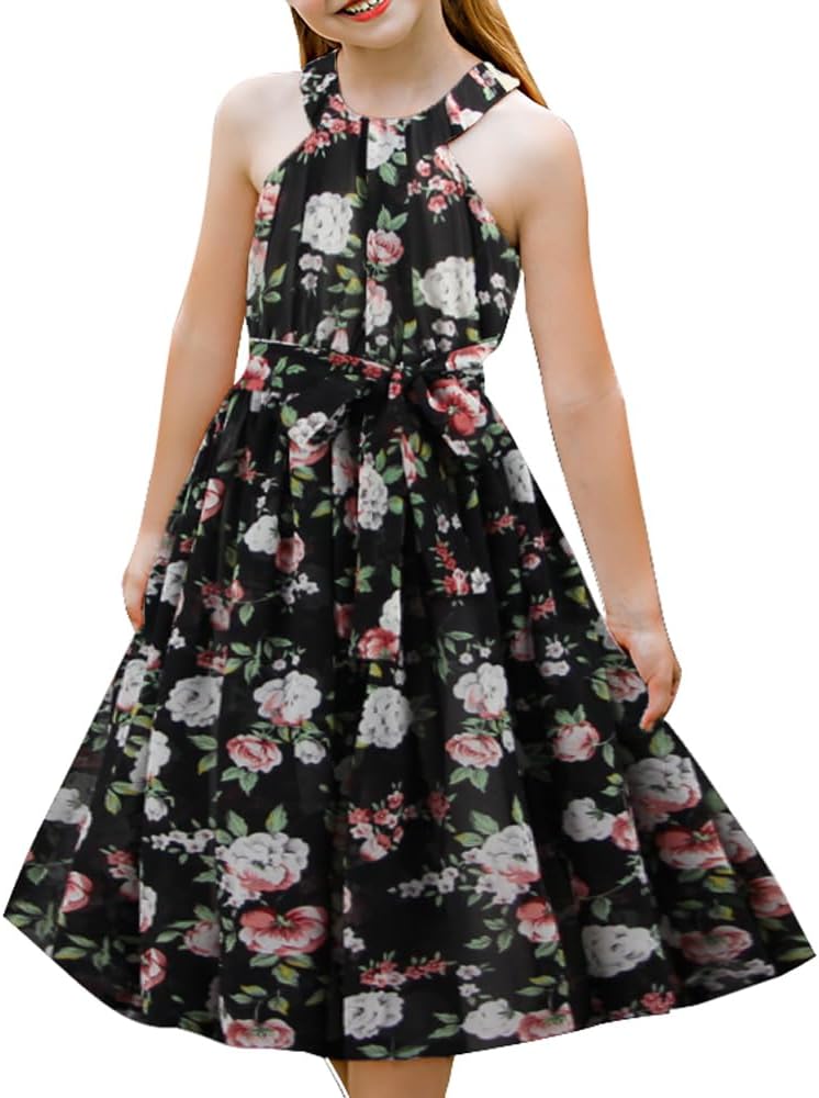 Chiffon Sleeveless Halter Neck Ruffle Flower Girl Dress Casual A-line Flowy Belted Bow Birthday Holiday Dresses