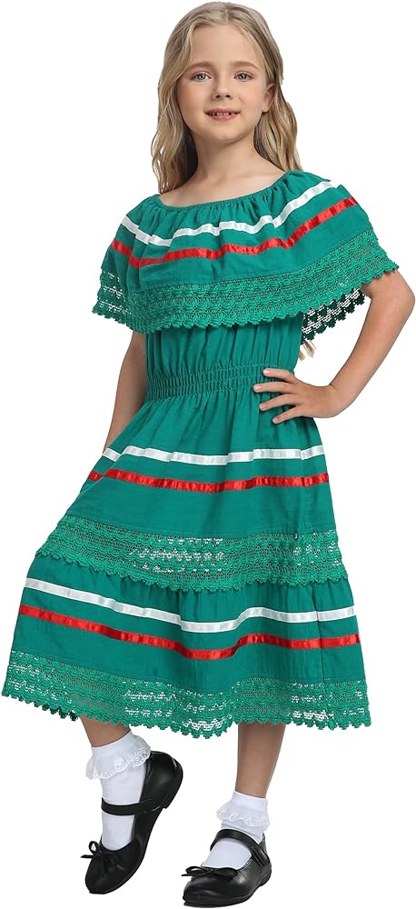 YZXDORWJ Mexican Dress for Girls Traditional Fiesta Dress Colorful Themed Dress Cinco de Mayo Party Dress