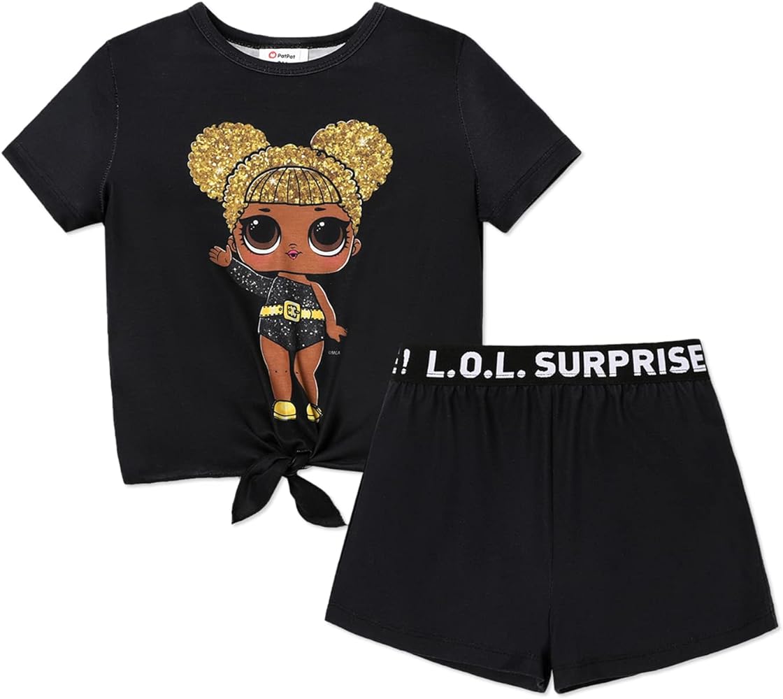 L.O.L. Surprise! Girls Clothes Set Doll Print Short Sleeve Tie Knot Tee Top and Shorts Kids Girl Clothes