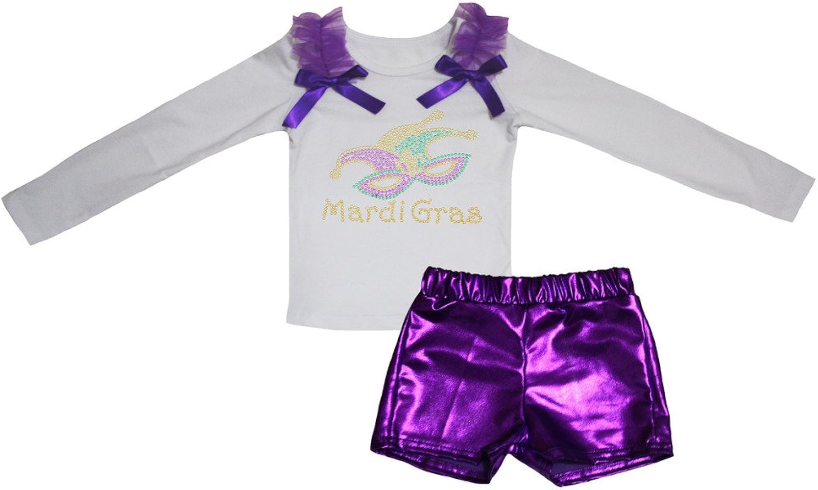 Petitebella Mardi Gras Mask White L/s Shirt Purple Bling Short Set 1-8y