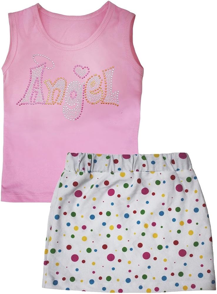 Petitebella Bling Angel Pink Vest Rainbow Polka Dots Skirt Set 1-8y