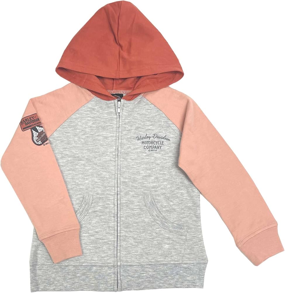 Harley-Davidson Little Girls' Knit Zip-Up Colorblocked Hoodie - Pink & Gray