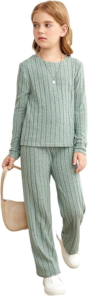 WDIRARA Girl's 2 Piece Outfits Ribbed Knit Long Sleeve Round Neck Slim Fit Casual Tee and Pants Sets