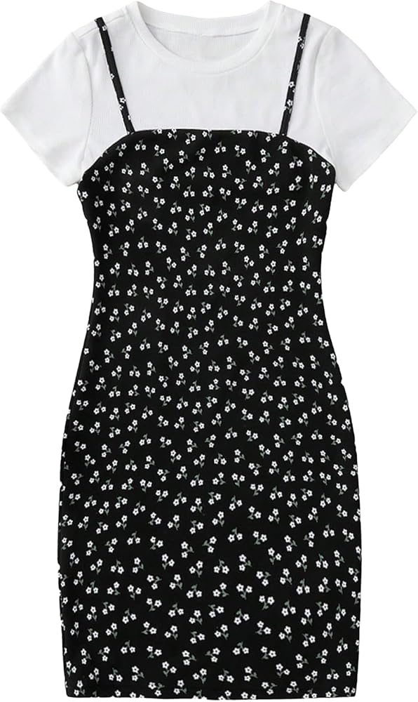 SOLY HUX Girl's Ditsy Floral Print Dress Short Sleeve Bodycon Pencil Short Dresses